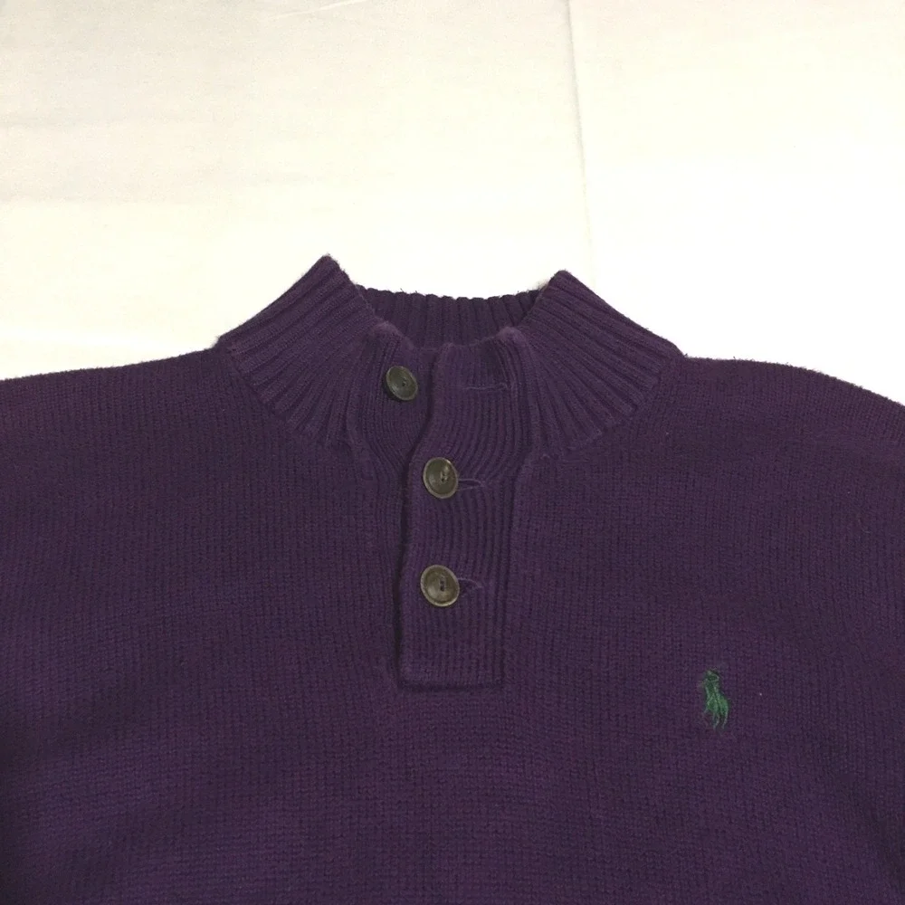 Polo Ralph Lauren Mock Neck Sweater Mens Medium Purple Cotton Knit 3 Button